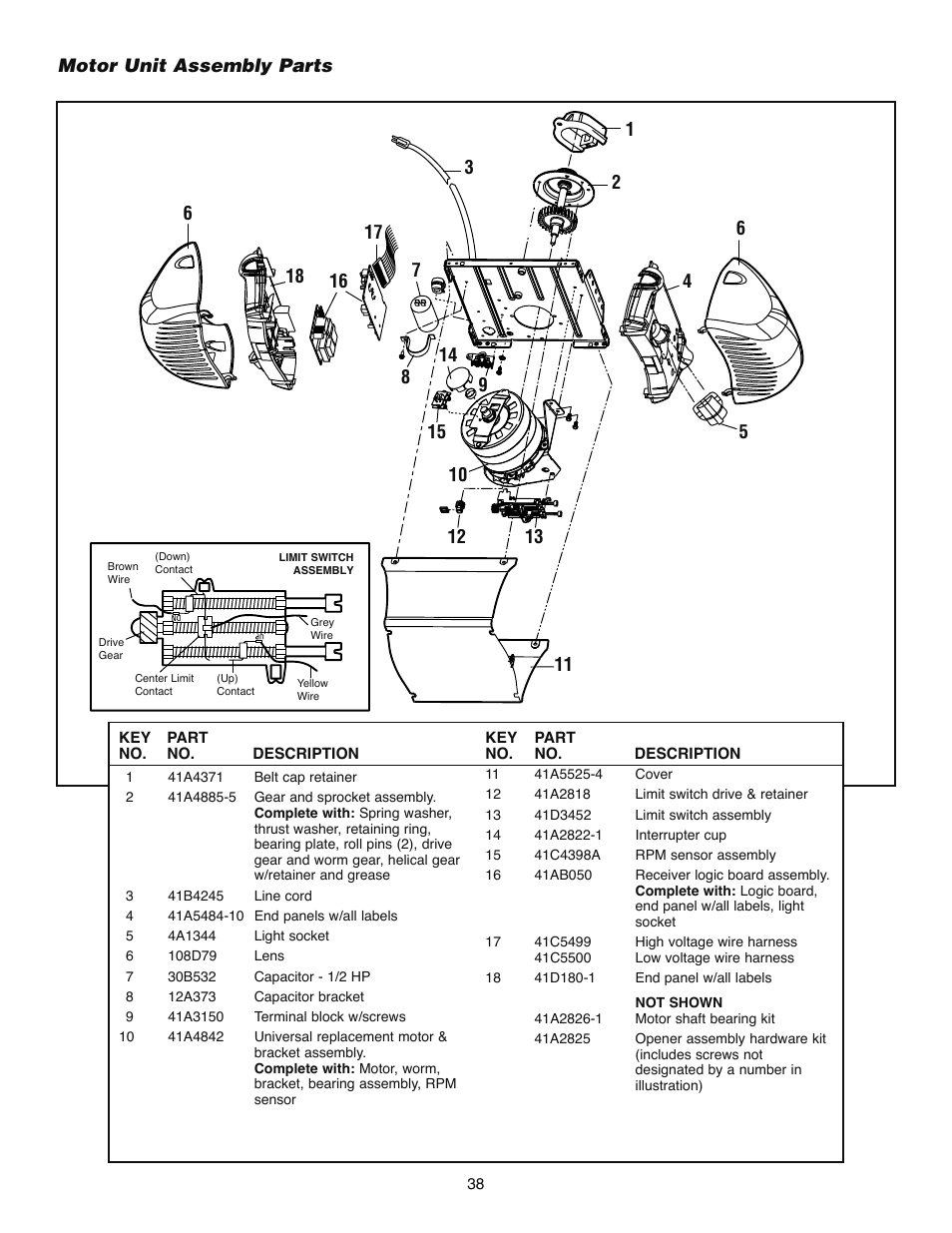 Motor unit assembly parts | Chamberlain WD832KD 1/2 HP User Manual | Page 38 / 40