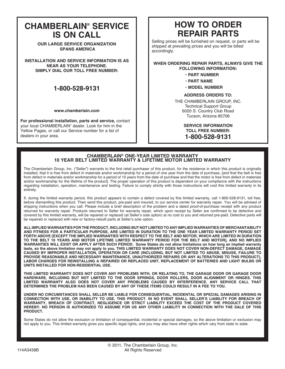 Warranty, Chamberlain, Service is on call | How to order repair parts | Chamberlain WD832KD 1/2 HP User Manual | Page 40 / 40