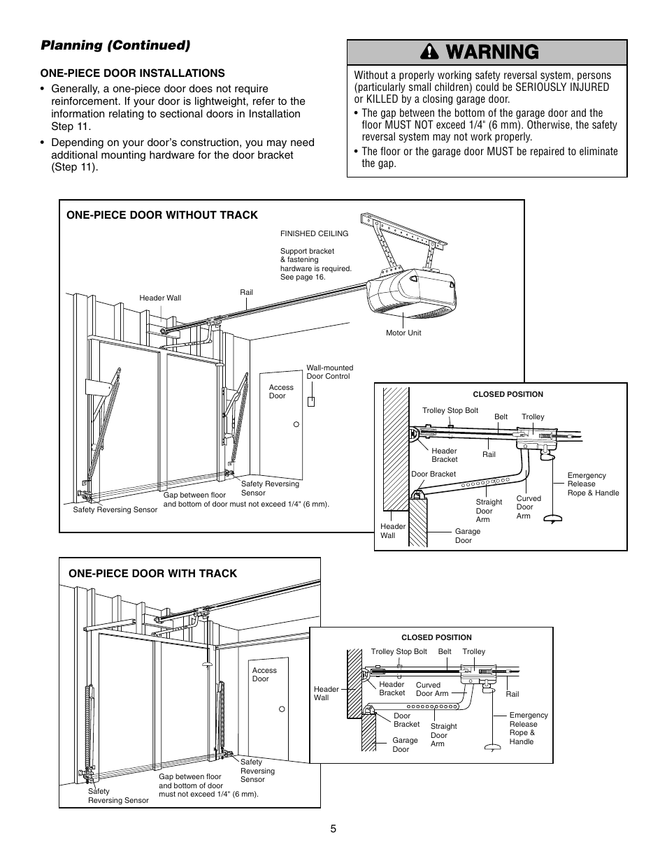 One-piece door installations, Warning caution warning warning, Planning (continued) | Chamberlain WD832KD 1/2 HP User Manual | Page 5 / 40