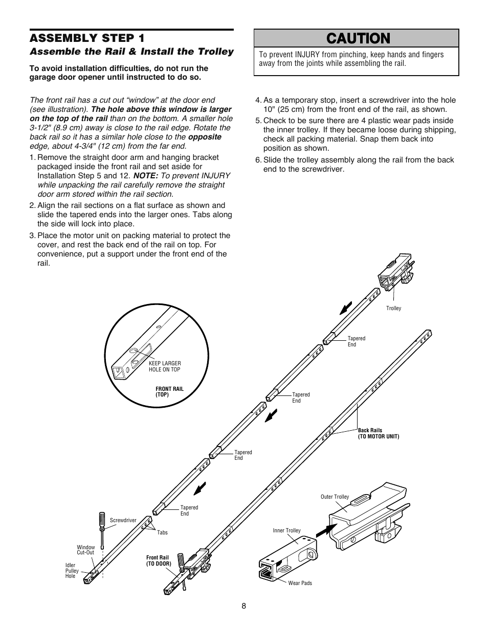 Assembly, Assembly step 1, Assemble the rail & install the trolley | Chamberlain WD832KD 1/2 HP User Manual | Page 8 / 40