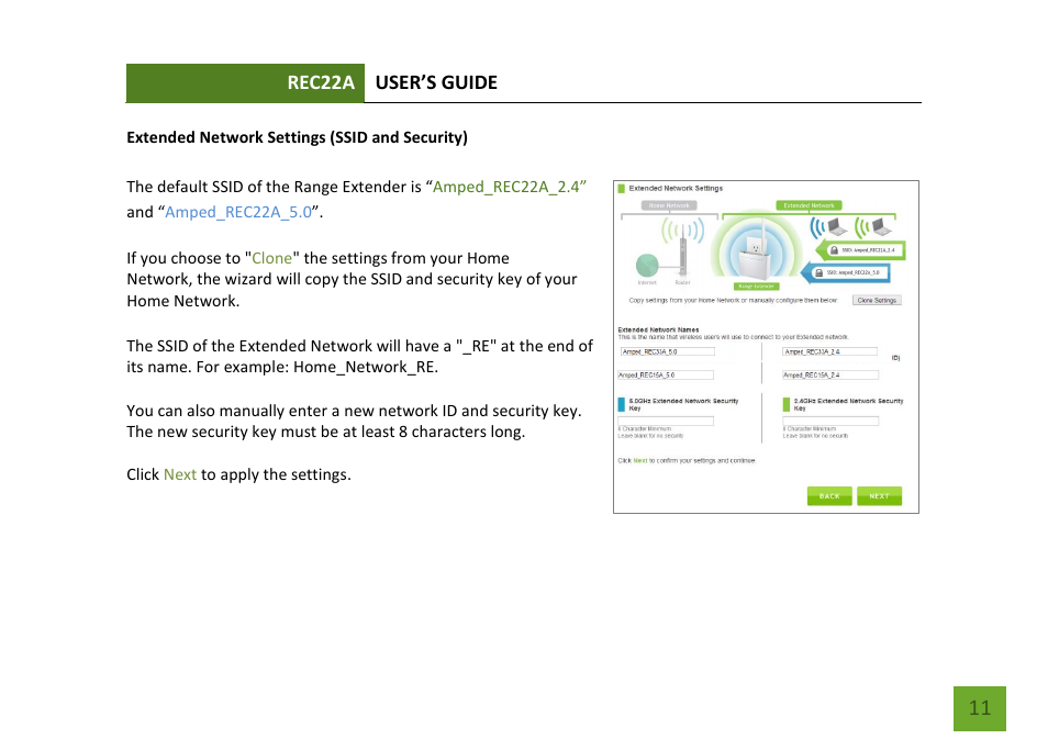 Extended network settings (ssid and security) | Amped Wireless REC22A - High Power AC1200 Plug-In Wi-Fi Range Extender User Manual | Page 12 / 86