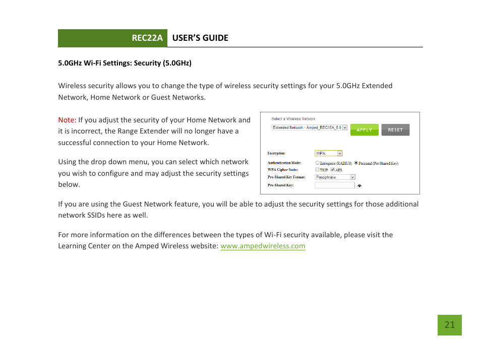 Security (5.0ghz) | Amped Wireless REC22A - High Power AC1200 Plug-In Wi-Fi Range Extender User Manual | Page 22 / 86