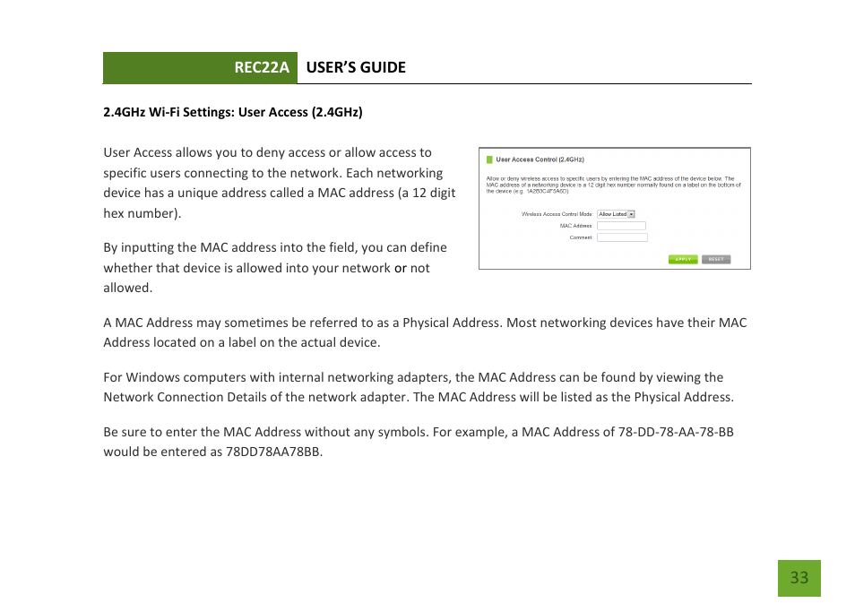 User access (2.4ghz) | Amped Wireless REC22A - High Power AC1200 Plug-In Wi-Fi Range Extender User Manual | Page 34 / 86