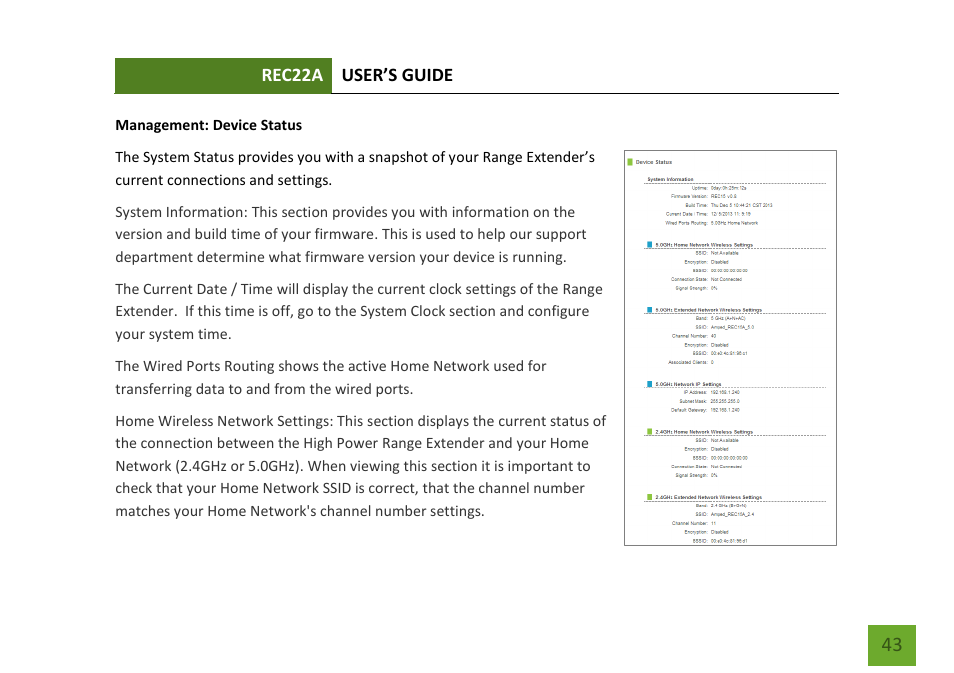 Device status | Amped Wireless REC22A - High Power AC1200 Plug-In Wi-Fi Range Extender User Manual | Page 44 / 86