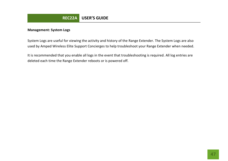 System logs | Amped Wireless REC22A - High Power AC1200 Plug-In Wi-Fi Range Extender User Manual | Page 48 / 86