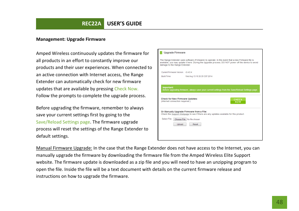 Upgrade firmware | Amped Wireless REC22A - High Power AC1200 Plug-In Wi-Fi Range Extender User Manual | Page 49 / 86