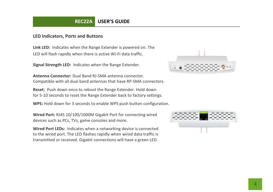 Led indicators, ports and buttons | Amped Wireless REC22A - High Power AC1200 Plug-In Wi-Fi Range Extender User Manual | Page 5 / 86
