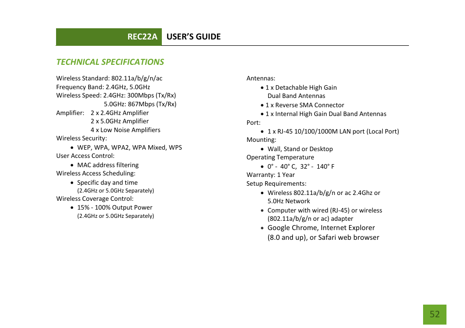 Rec22a user’s guide, Technical specifications | Amped Wireless REC22A - High Power AC1200 Plug-In Wi-Fi Range Extender User Manual | Page 53 / 86