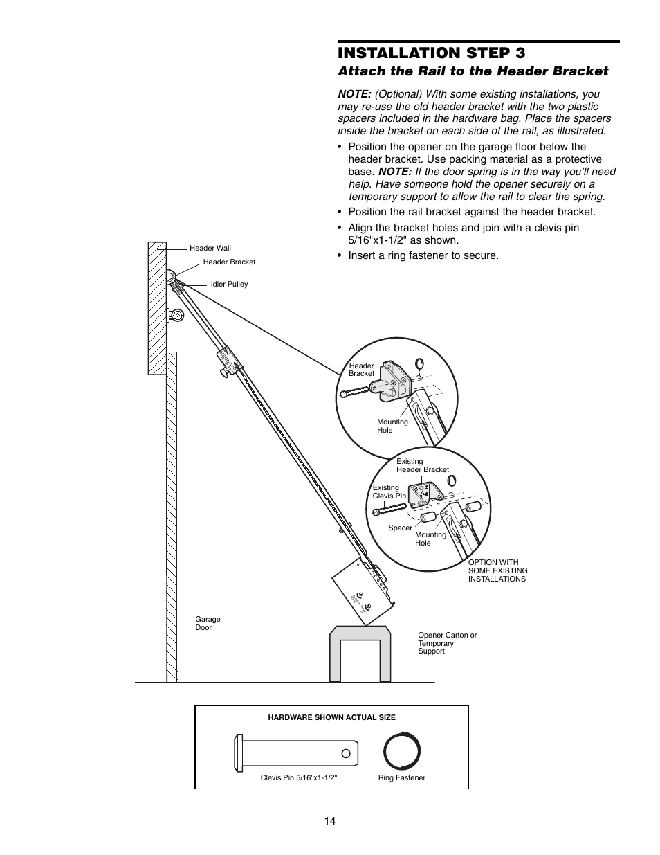 Step 3 attach the rail to the header bracket, Installation step 3, Attach the rail to the header bracket | Chamberlain CG40D 1/2 HP User Manual | Page 14 / 40