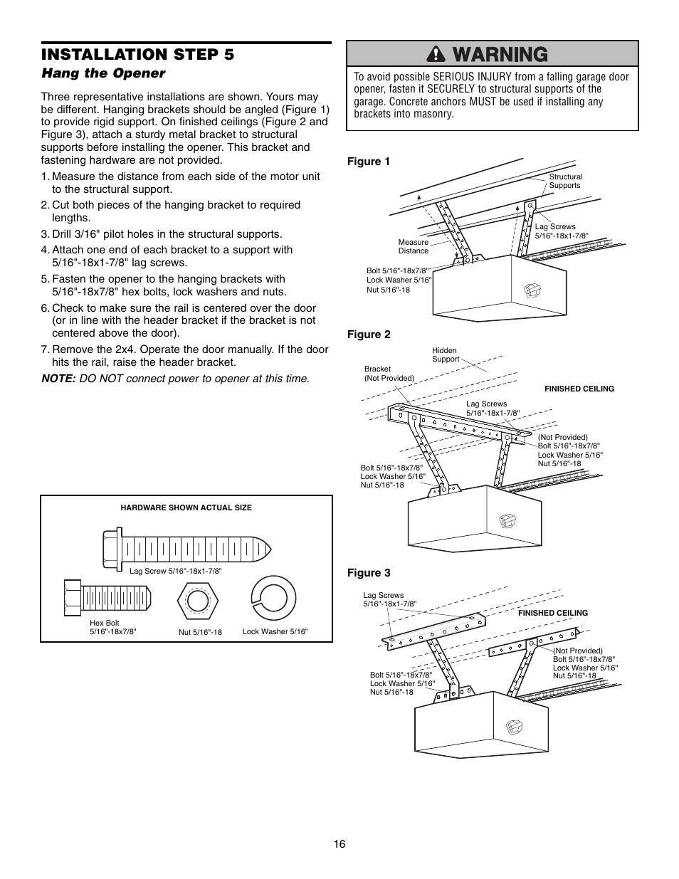 Step 5 hang the opener, Installation step 5, Hang the opener | Chamberlain CG40D 1/2 HP User Manual | Page 16 / 40