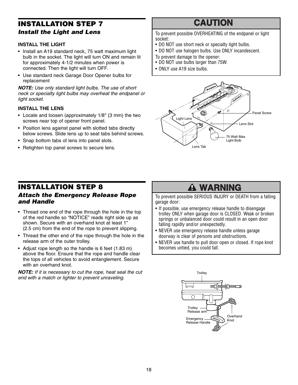 Step 7 install the light and lens, Installation step 7, Installation step 8 | Install the light and lens, Attach the emergency release rope and handle | Chamberlain CG40D 1/2 HP User Manual | Page 18 / 40