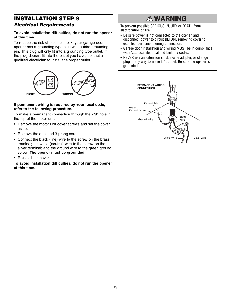 Step 9 electrical requirements, Installation step 9, Electrical requirements | Chamberlain CG40D 1/2 HP User Manual | Page 19 / 40