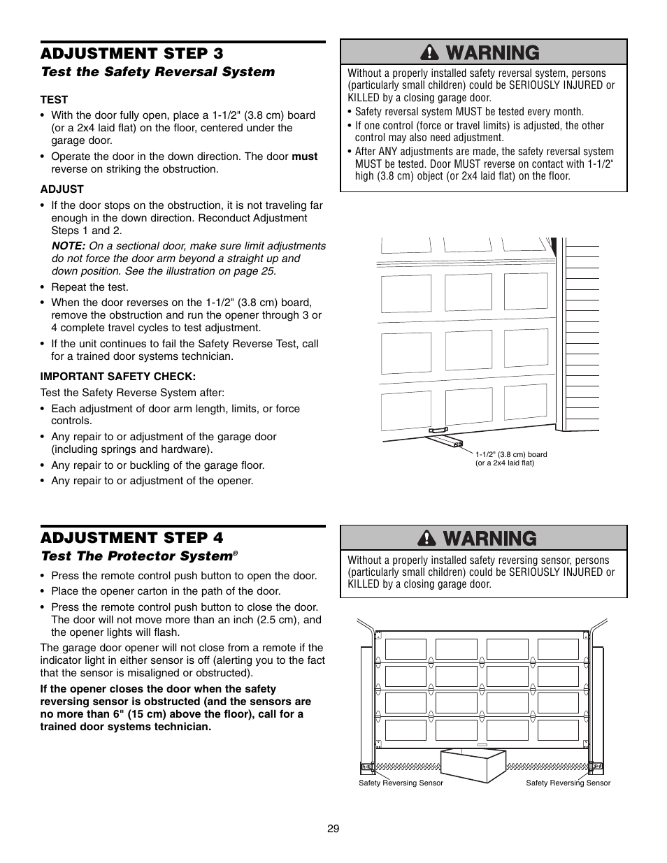 Step 3 test the safety reversal system, Step 4 test the protector system, Adjustment step 3 | Adjustment step 4 | Chamberlain CG40D 1/2 HP User Manual | Page 29 / 40