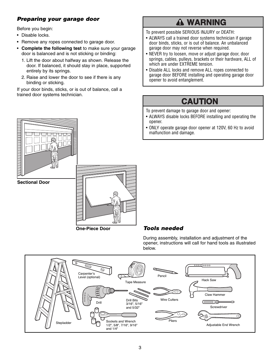 Preparing your garage door, Tools needed | Chamberlain CG40D 1/2 HP User Manual | Page 3 / 40