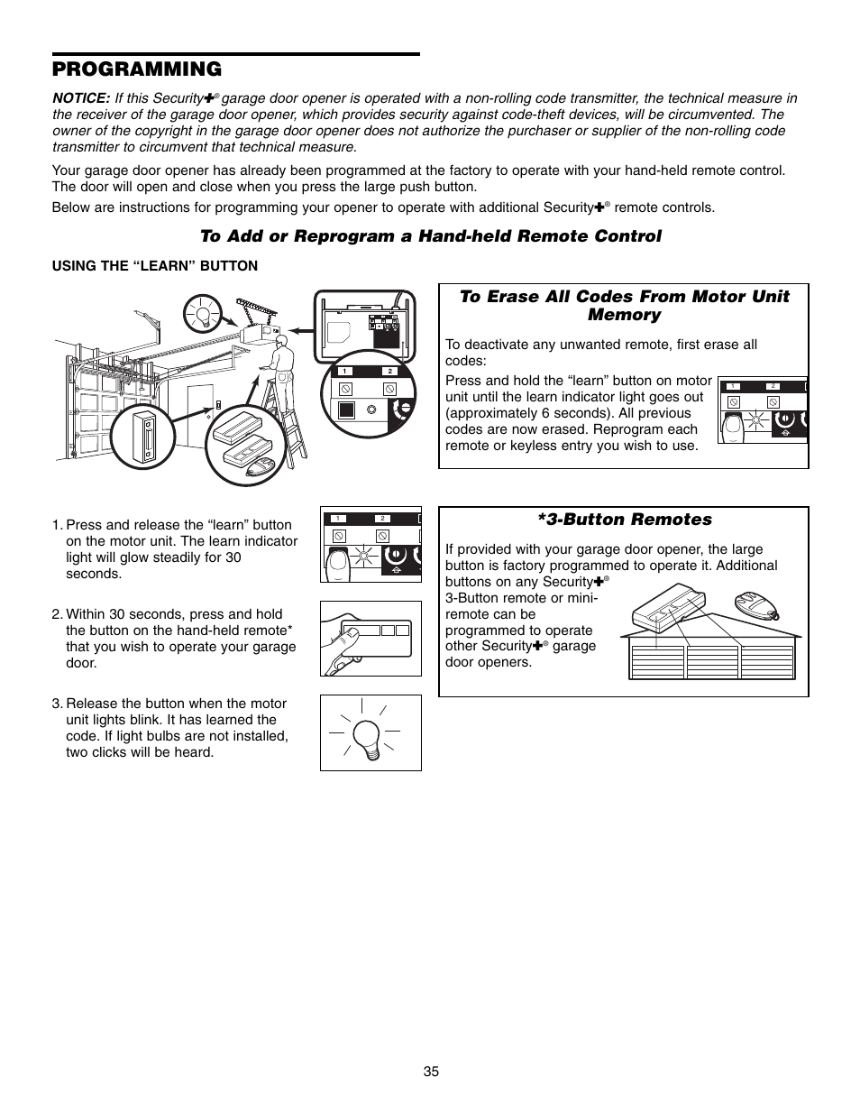 Programming, To add or reprogram a hand-held remote control, To erase all codes from motor unit memory | Button remotes | Chamberlain CG40D 1/2 HP User Manual | Page 35 / 40