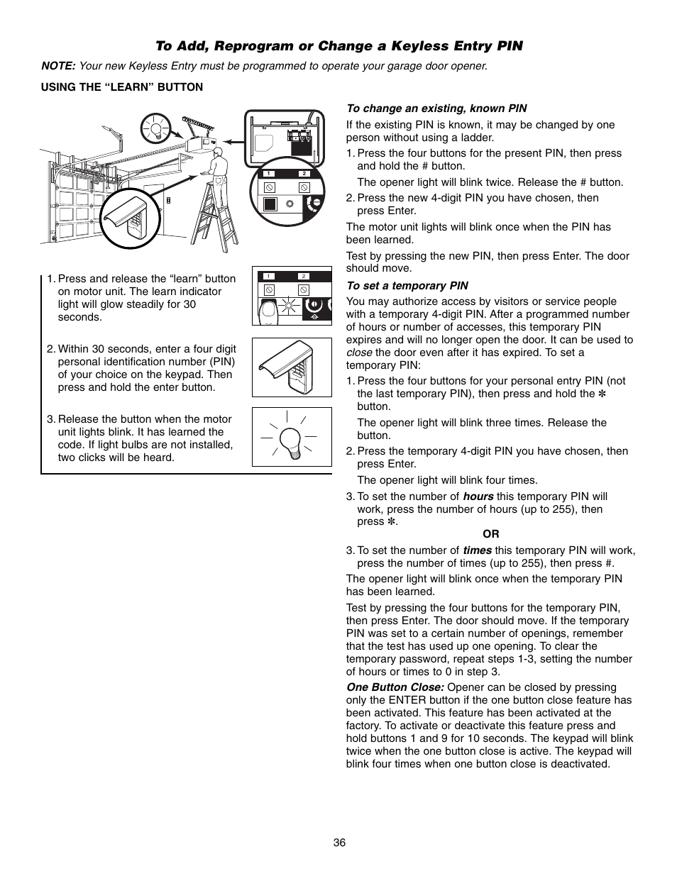 To add, reprogram or change a keyless entry pin | Chamberlain CG40D 1/2 HP User Manual | Page 36 / 40