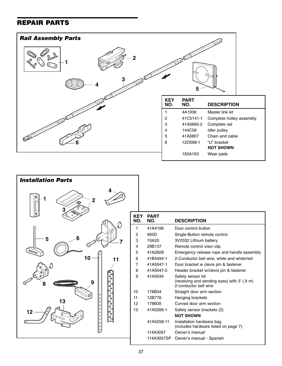 Repair parts, Rail assembly parts, Installation parts | Chamberlain CG40D 1/2 HP User Manual | Page 37 / 40