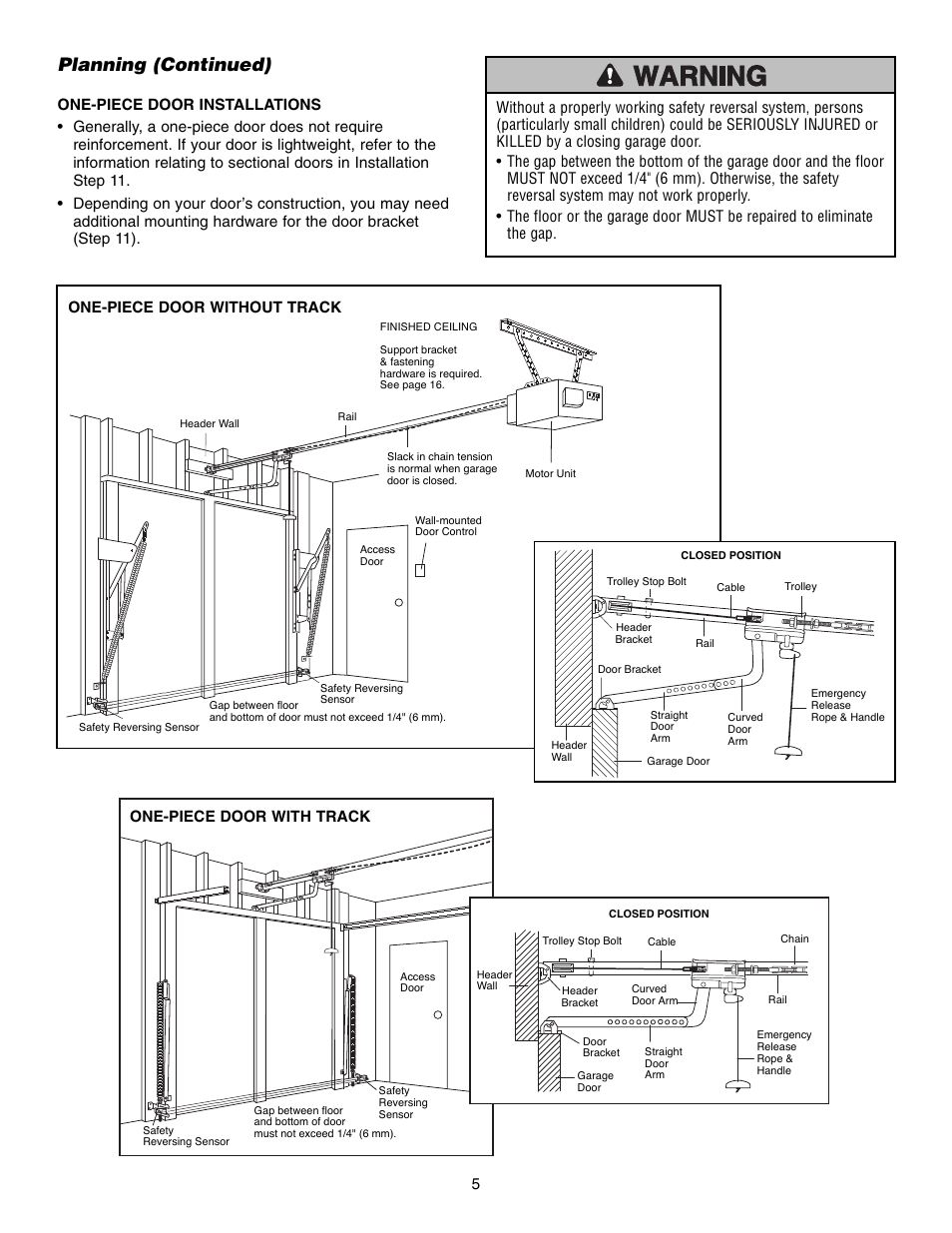 Planning (continued), One-piece door without track | Chamberlain CG40D 1/2 HP User Manual | Page 5 / 40