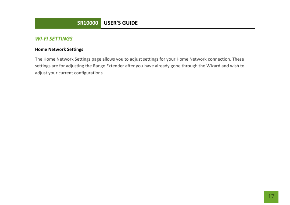 Wi-fi settings home network settings | Amped Wireless SR10000 - High Power Wireless-N 600mW Range Extender User Manual | Page 18 / 59