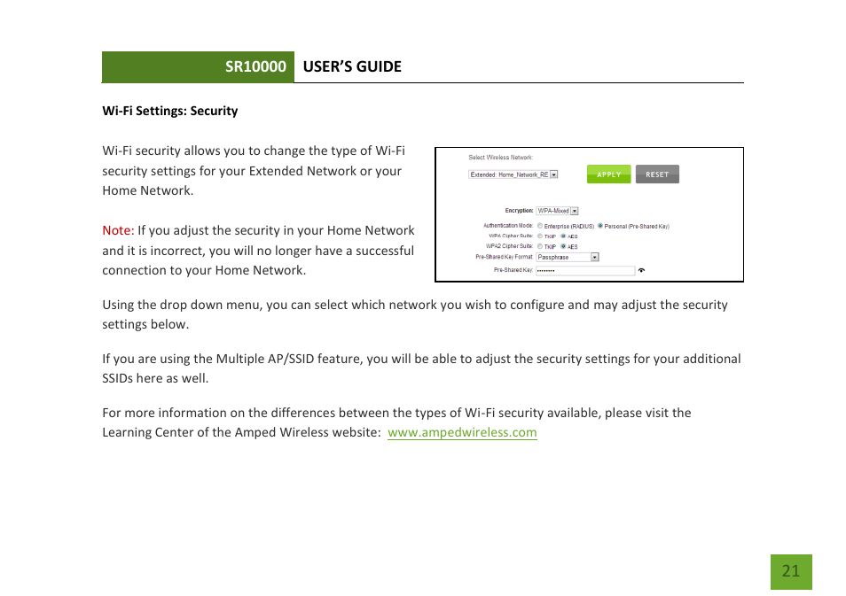Security | Amped Wireless SR10000 - High Power Wireless-N 600mW Range Extender User Manual | Page 22 / 59