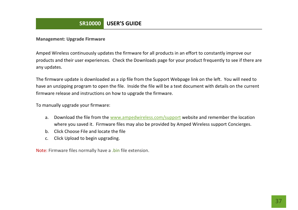 Upgrade firmware | Amped Wireless SR10000 - High Power Wireless-N 600mW Range Extender User Manual | Page 38 / 59