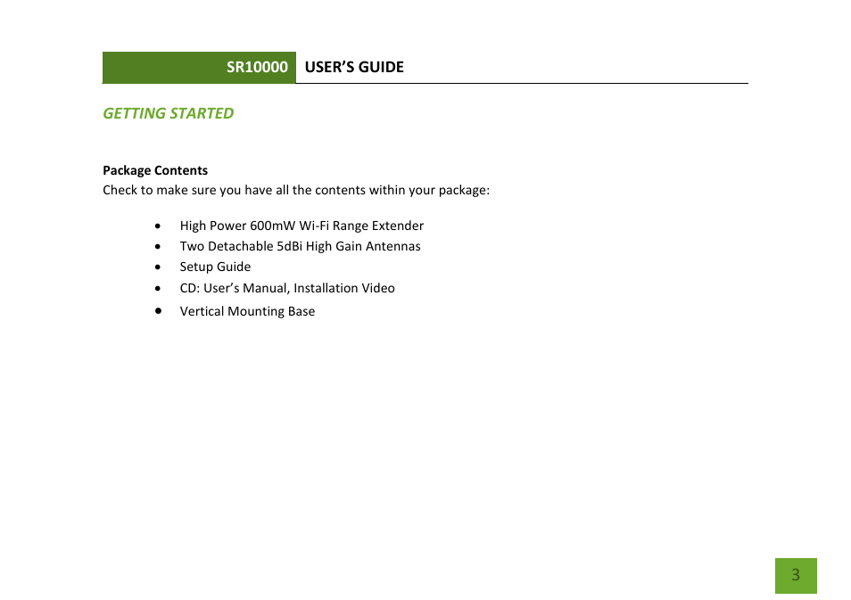 Getting started package contents | Amped Wireless SR10000 - High Power Wireless-N 600mW Range Extender User Manual | Page 4 / 59