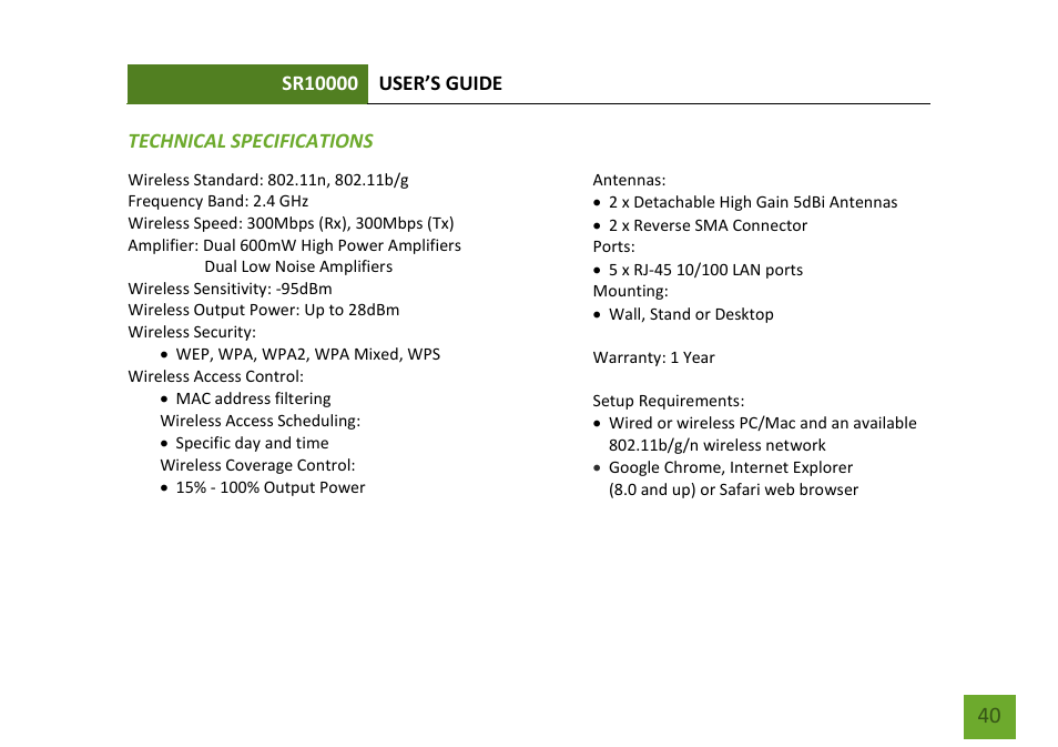 Technical specifications | Amped Wireless SR10000 - High Power Wireless-N 600mW Range Extender User Manual | Page 41 / 59