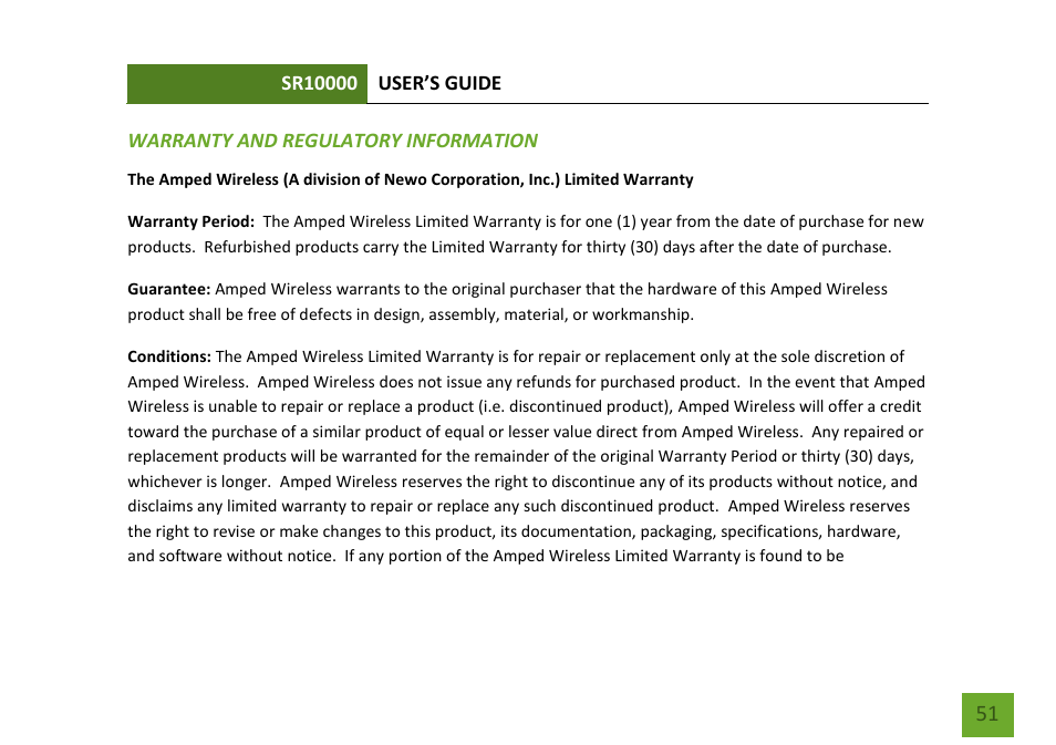 Warranty / regulatory information | Amped Wireless SR10000 - High Power Wireless-N 600mW Range Extender User Manual | Page 52 / 59