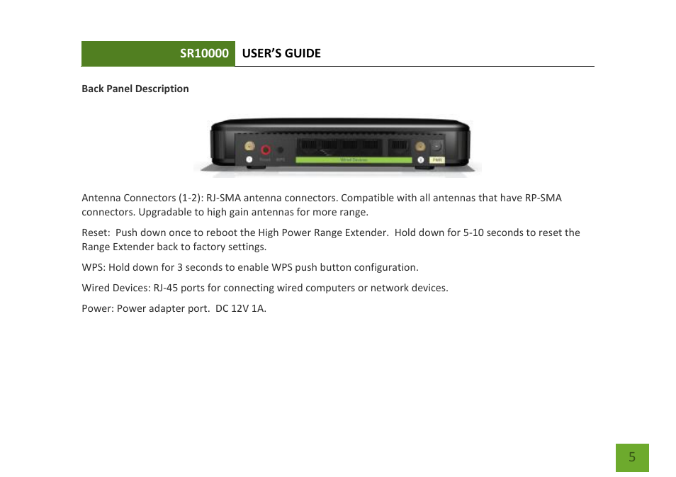 Back panel description | Amped Wireless SR10000 - High Power Wireless-N 600mW Range Extender User Manual | Page 6 / 59