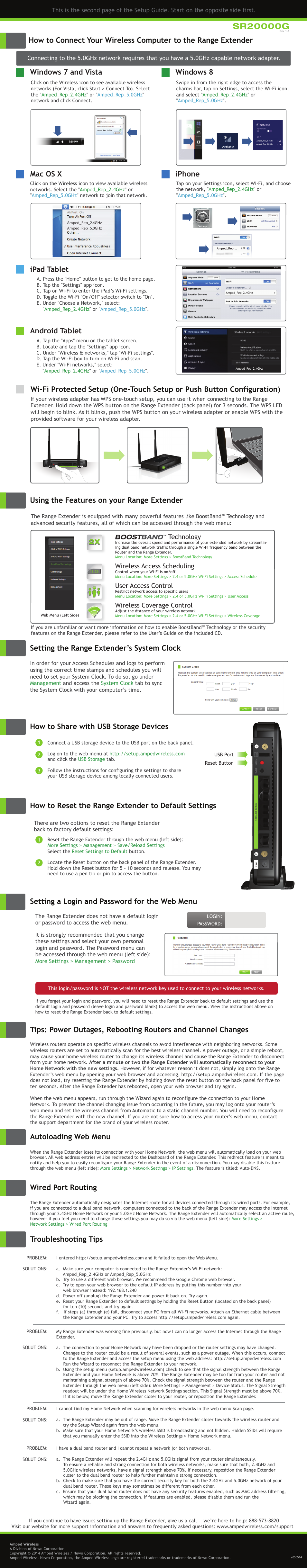 Troubleshooting tips windows 7 and vista mac os x, Using the features on your range extender, Autoloading web menu | Wired port routing, Setting a login and password for the web menu, How to share with usb storage devices, Windows 8, Iphone, Ipad tablet, Android tablet | Amped Wireless SR20000G - High Power Wireless-N 600mW Gigabit Dual Band Range Extender User Manual | Page 2 / 2