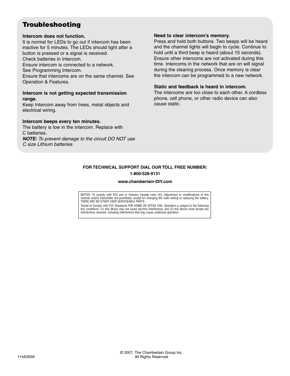 Troubleshooting, Technical support | Chamberlain RIFMS2 User Manual | Page 4 / 4
