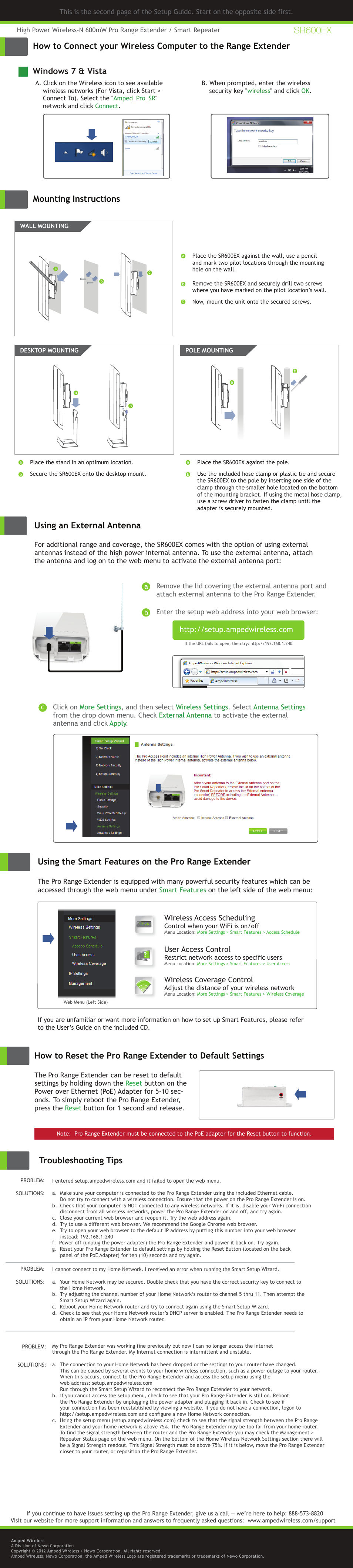 Sr600ex, Windows 7 & vista troubleshooting tips, Using the smart features on the pro range extender | Using an external antenna, Mounting instructions, Wireless access scheduling, User access control, Wireless coverage control | Amped Wireless SR600EX - High Power Wireless-N 600mW Pro Range Extender User Manual | Page 2 / 2