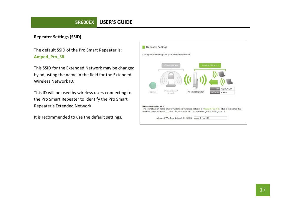 Repeater settings (ssid) | Amped Wireless SR600EX - High Power Wireless-N 600mW Pro Range Extender User Manual | Page 18 / 59