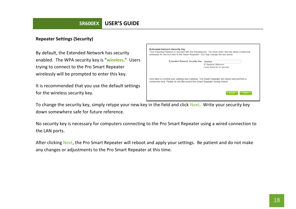 Repeater settings (security) | Amped Wireless SR600EX - High Power Wireless-N 600mW Pro Range Extender User Manual | Page 19 / 59