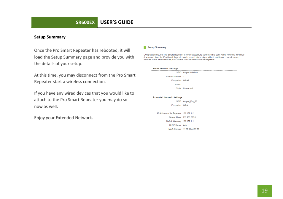 Setup summary | Amped Wireless SR600EX - High Power Wireless-N 600mW Pro Range Extender User Manual | Page 20 / 59