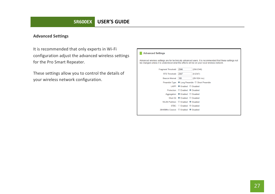 Advanced settings | Amped Wireless SR600EX - High Power Wireless-N 600mW Pro Range Extender User Manual | Page 28 / 59