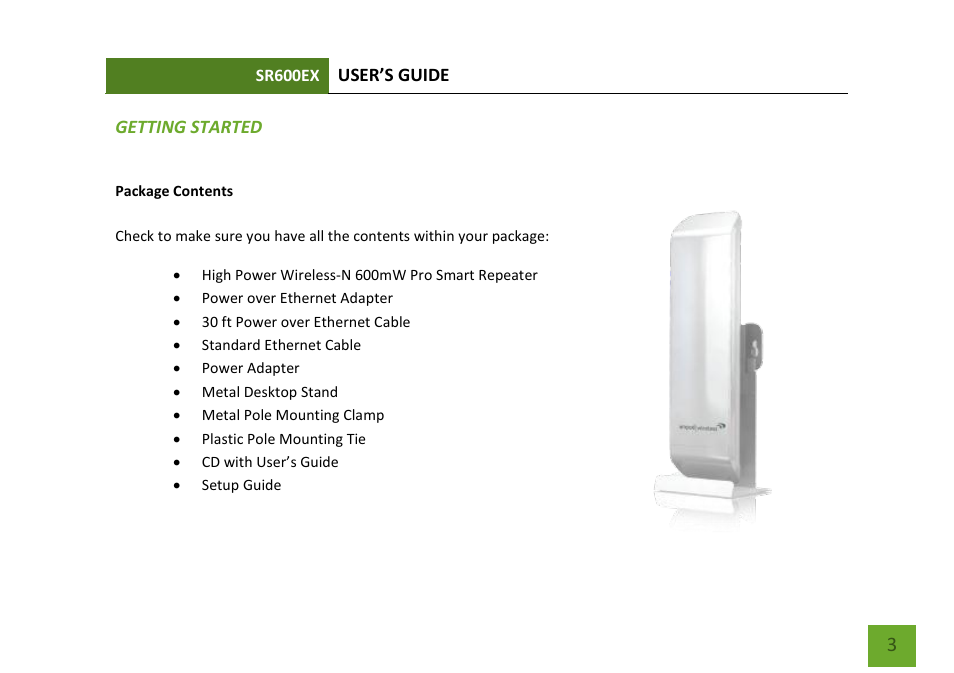 Getting started package contents led indicators | Amped Wireless SR600EX - High Power Wireless-N 600mW Pro Range Extender User Manual | Page 4 / 59