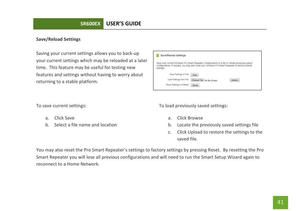 Save/reload settings | Amped Wireless SR600EX - High Power Wireless-N 600mW Pro Range Extender User Manual | Page 42 / 59