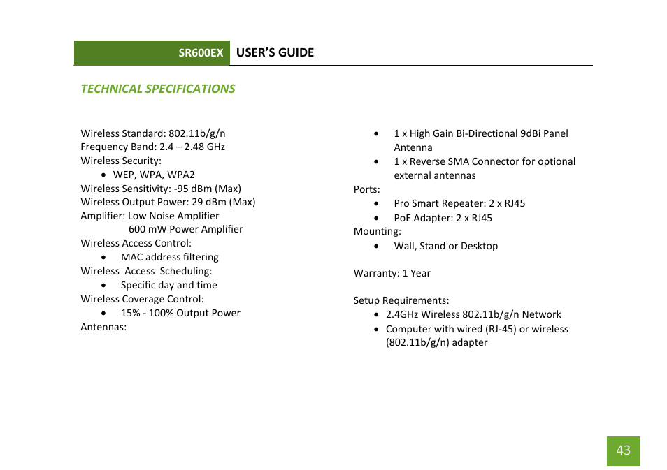 Technical specifications | Amped Wireless SR600EX - High Power Wireless-N 600mW Pro Range Extender User Manual | Page 44 / 59