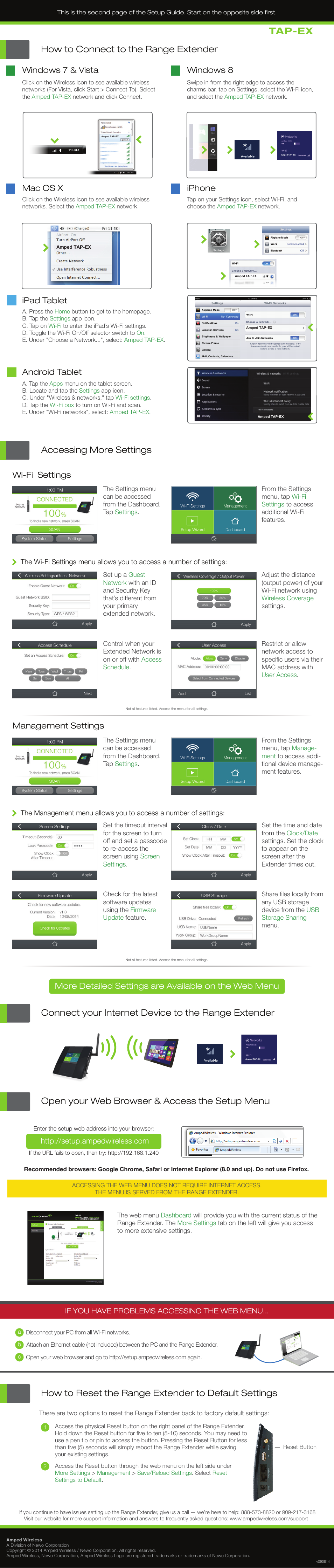 Tap-ex, Connect your internet device to the range extender, Iphone | Windows 7 & vista mac os x, Wi-fi settings management settings, Windows 8, Ipad tablet, Android tablet | Amped Wireless TAP-EX - High Power Touch Screen Wi-Fi Range Extender User Manual | Page 2 / 2