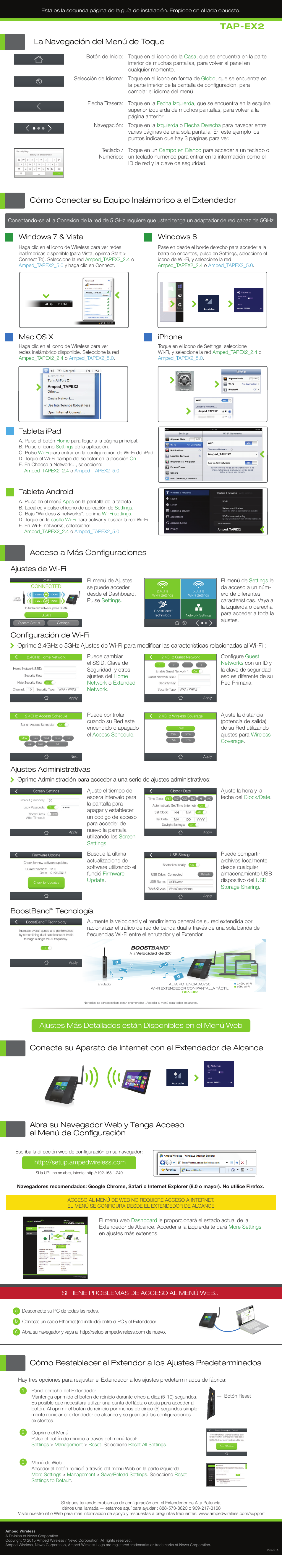 Tap-ex2, Acceso a más configuraciones, La navegación del menú de toque | Ajustes de wi-fi configuración de wi-fi, Iphone, Windows 7 & vista mac os x, Windows 8, Tableta ipad, Tableta android, Ajustes administrativas | Amped Wireless TAP-EX2 - High Power Touch Screen AC750 Wi-Fi Range Extender User Manual | Page 2 / 2