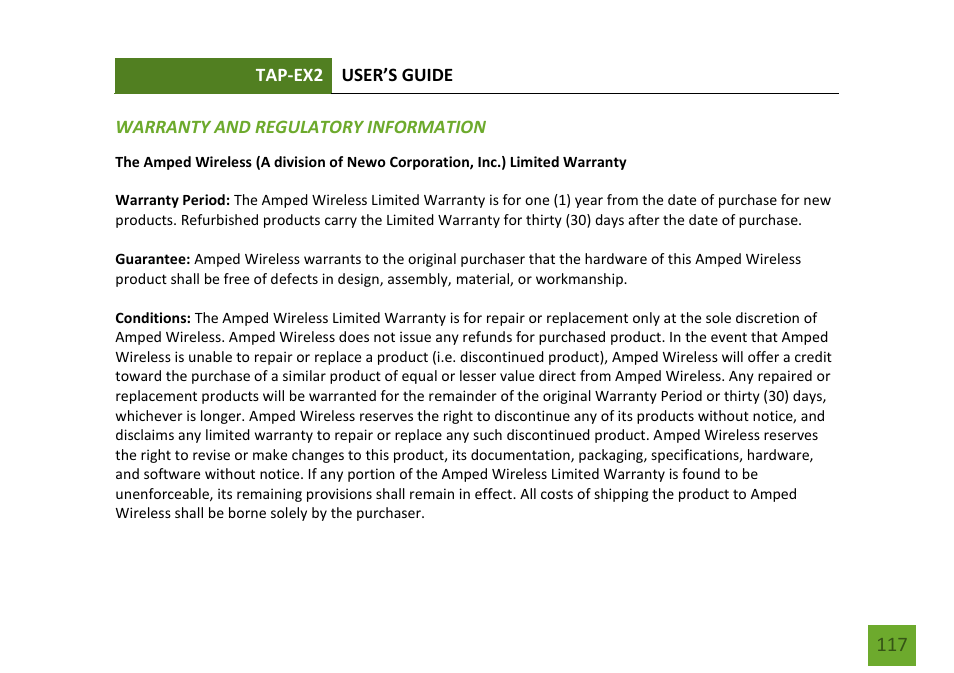 Warranty and regulatory information | Amped Wireless TAP-EX2 - High Power Touch Screen AC750 Wi-Fi Range Extender User Manual | Page 118 / 134