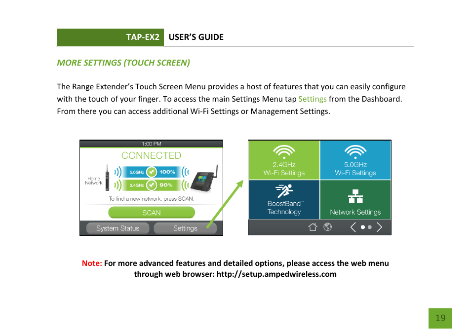 More settings (touch screen) | Amped Wireless TAP-EX2 - High Power Touch Screen AC750 Wi-Fi Range Extender User Manual | Page 20 / 134