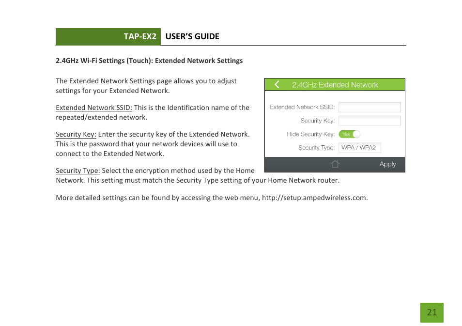 Extended network settings | Amped Wireless TAP-EX2 - High Power Touch Screen AC750 Wi-Fi Range Extender User Manual | Page 22 / 134