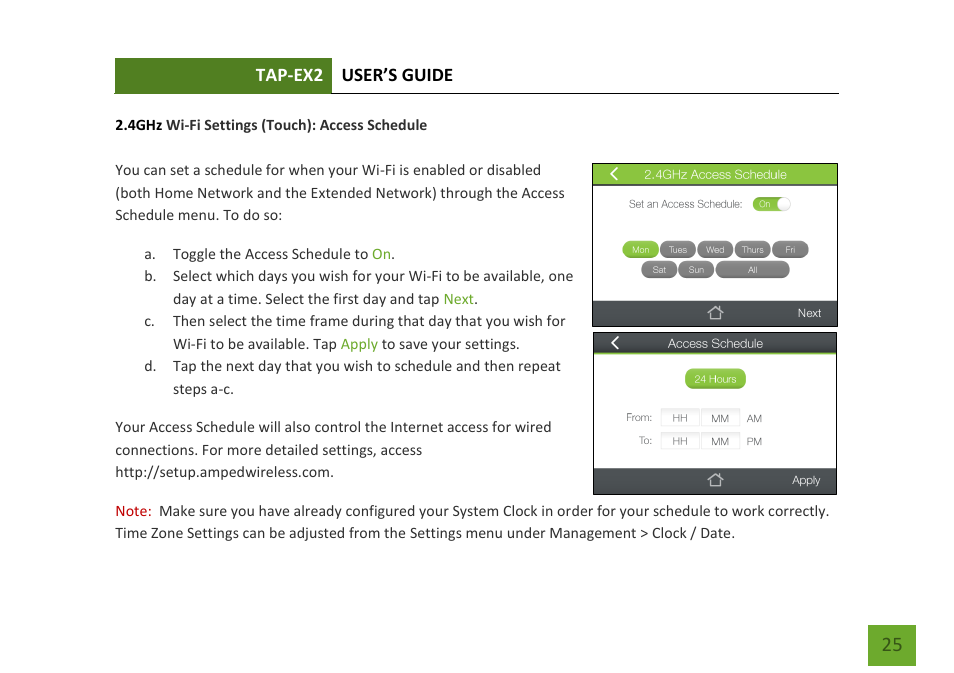 Access schedule | Amped Wireless TAP-EX2 - High Power Touch Screen AC750 Wi-Fi Range Extender User Manual | Page 26 / 134