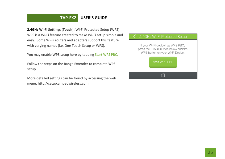 Wi-fi protected setup (wps) | Amped Wireless TAP-EX2 - High Power Touch Screen AC750 Wi-Fi Range Extender User Manual | Page 27 / 134