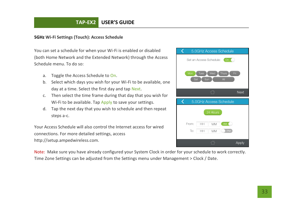 Access schedule | Amped Wireless TAP-EX2 - High Power Touch Screen AC750 Wi-Fi Range Extender User Manual | Page 34 / 134