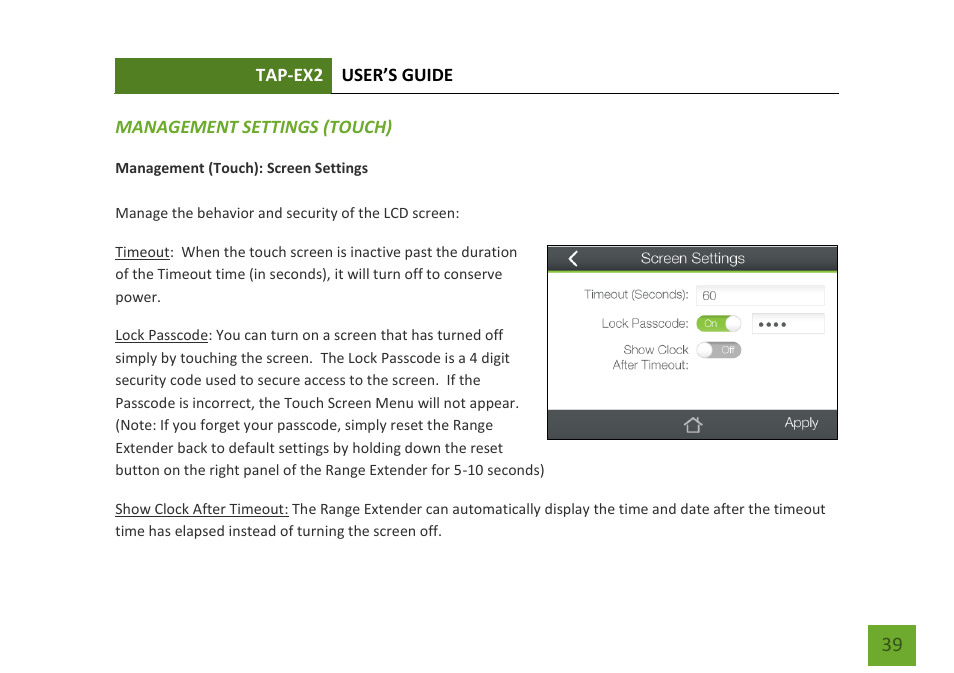 Management settings (touch) screen settings | Amped Wireless TAP-EX2 - High Power Touch Screen AC750 Wi-Fi Range Extender User Manual | Page 40 / 134