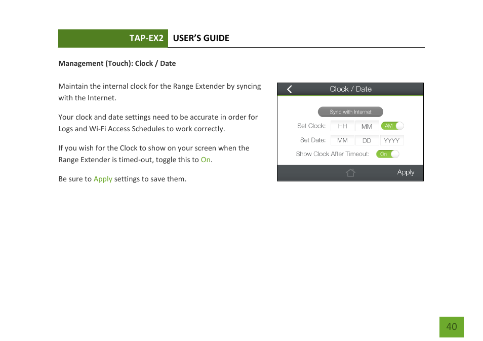 Clock / date | Amped Wireless TAP-EX2 - High Power Touch Screen AC750 Wi-Fi Range Extender User Manual | Page 41 / 134