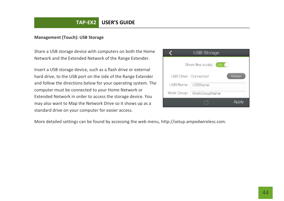 Usb storage | Amped Wireless TAP-EX2 - High Power Touch Screen AC750 Wi-Fi Range Extender User Manual | Page 45 / 134